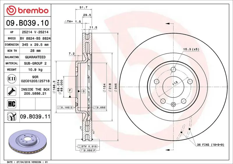 09.B039.11 Диск тормозной передний 345mm