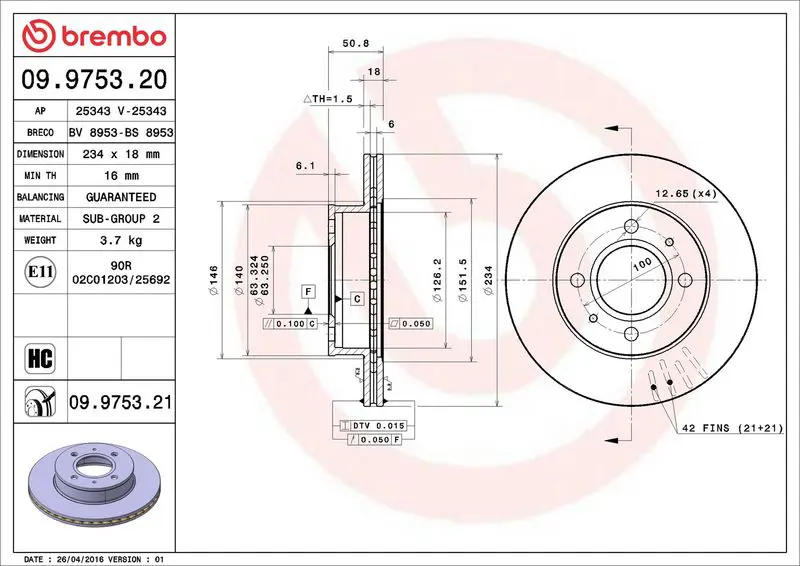 BREMBO 09975321 Тормозной диск