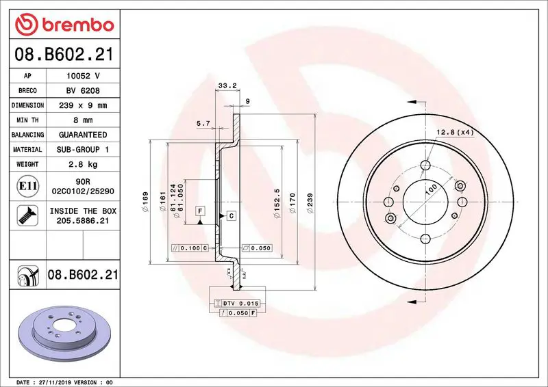 BREMBO 08B60221 Диск тормозной задний Honda