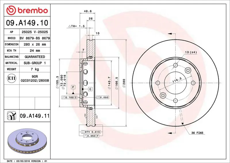 BREMBO 09A14911 Тормозной диск