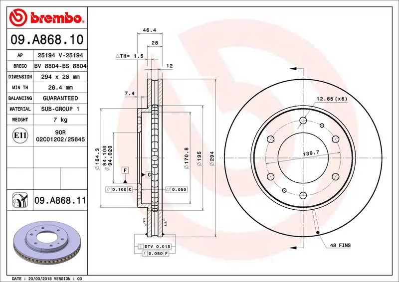 09.A868.11 Диск тормозной MITSUBISHI L200
