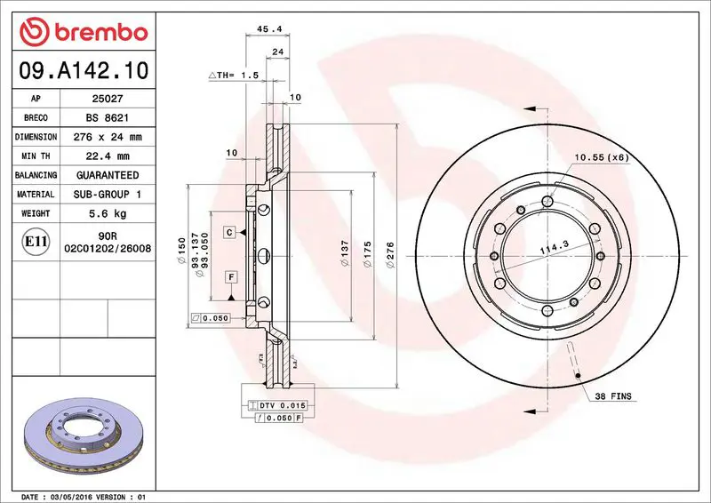 Brembo 09A14210 09.A142.10 диск тормозной