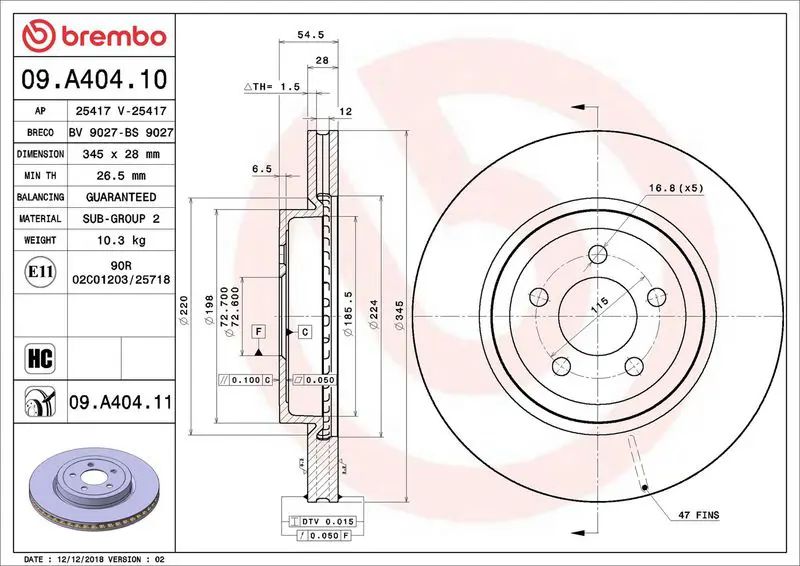 Brembo 09A40411 Диск тормозной Brembo Painted