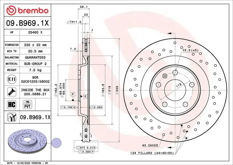 BREMBO 09B9691X ДИСК ТОРМОЗНОЙ AUDI A5 (F53,