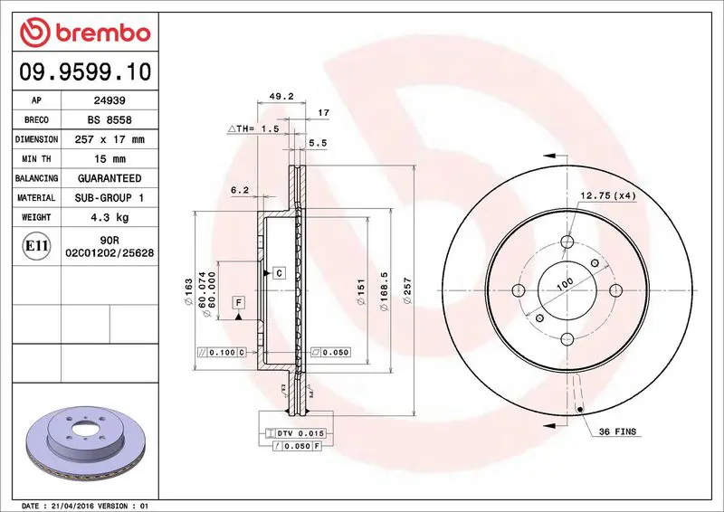 BREMBO 09959910 Тормозной диск
