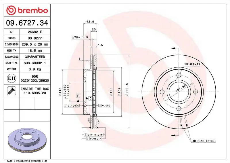 BREMBO 09672734 Диск тормозной Standard |