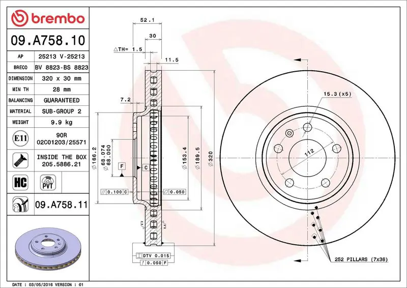 Brembo 09A75811 Диск тормозной передн, AUDI: