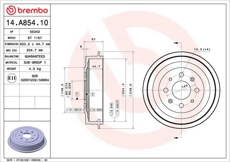 Brembo 14A85410 БАРАБАН ТОРМОЗНОЙ, FIAT GRANDE