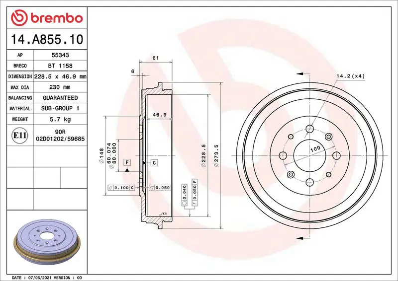 Brembo 14A85510 Барабан тормозной задн. FIAT
