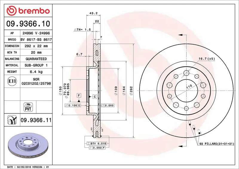 BREMBO 09936611 Тормозной диск