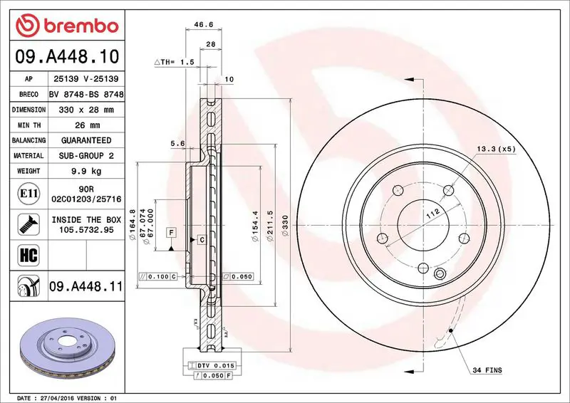 BREMBO 09A44811 Тормозной диск