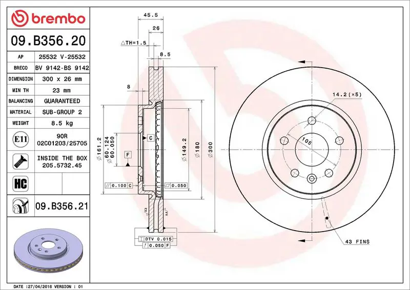 Brembo 09B35621 Диск тормозной передн,