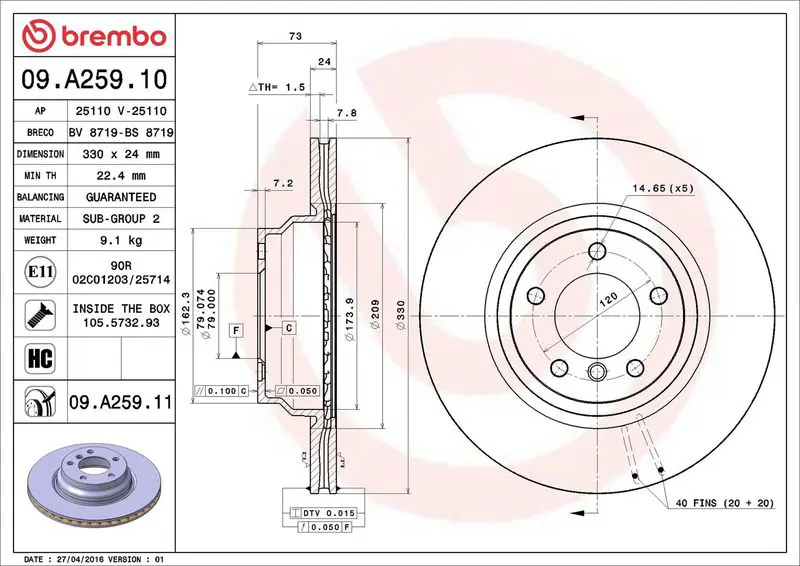 Brembo 09A25911 Диск тормозной передн, BMW: 1