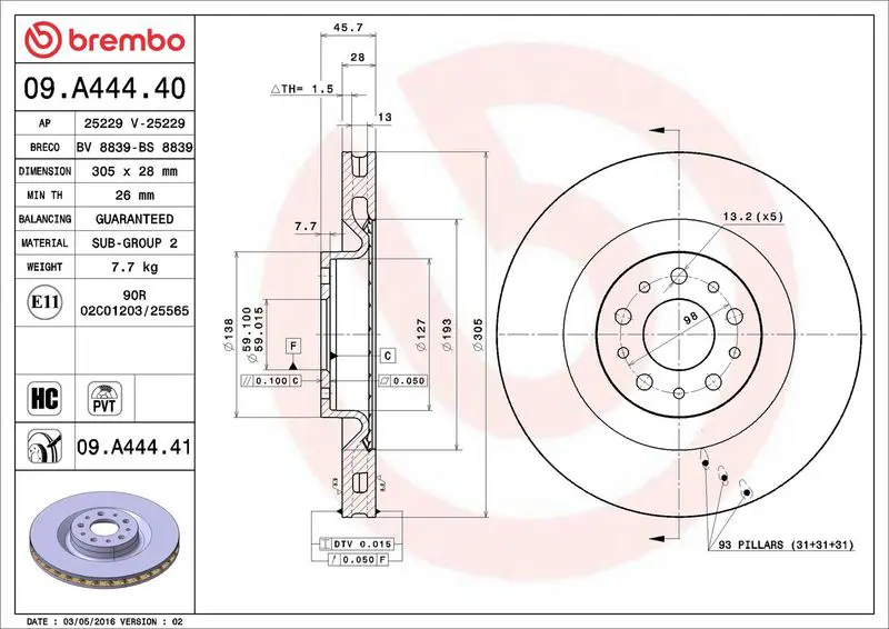 BREMBO 09A44441 диск тормозной с покрытием