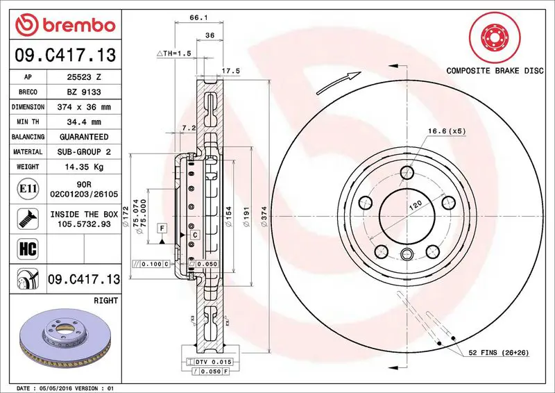 Brembo 09C41713 Диск тормозной п. BMW 5 Gran