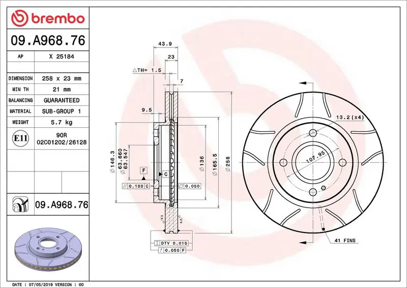 BREMBO 09A96876 Диск тормозной