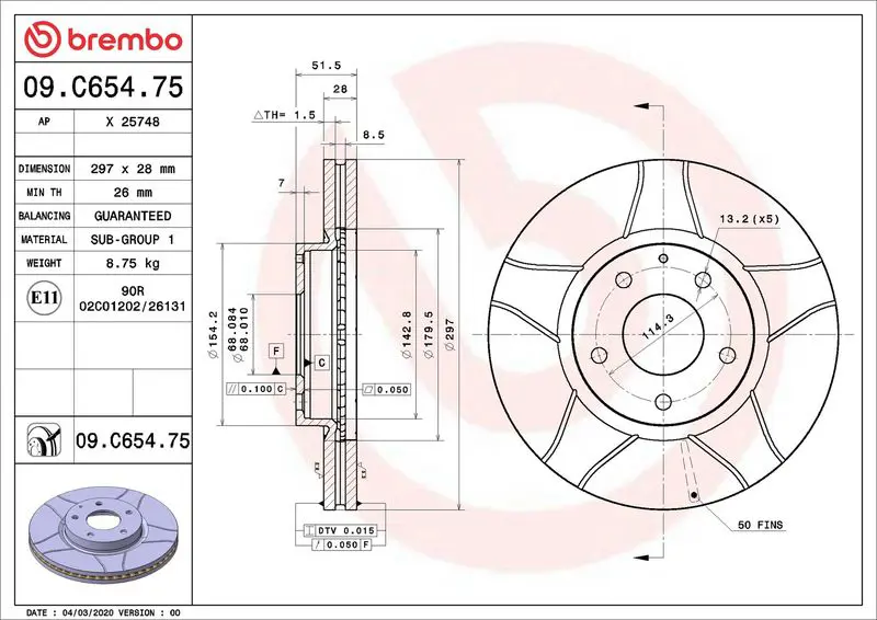 BREMBO 09C65475 ДИСК ТОРМОЗНОЙ MAZDA 6 седан