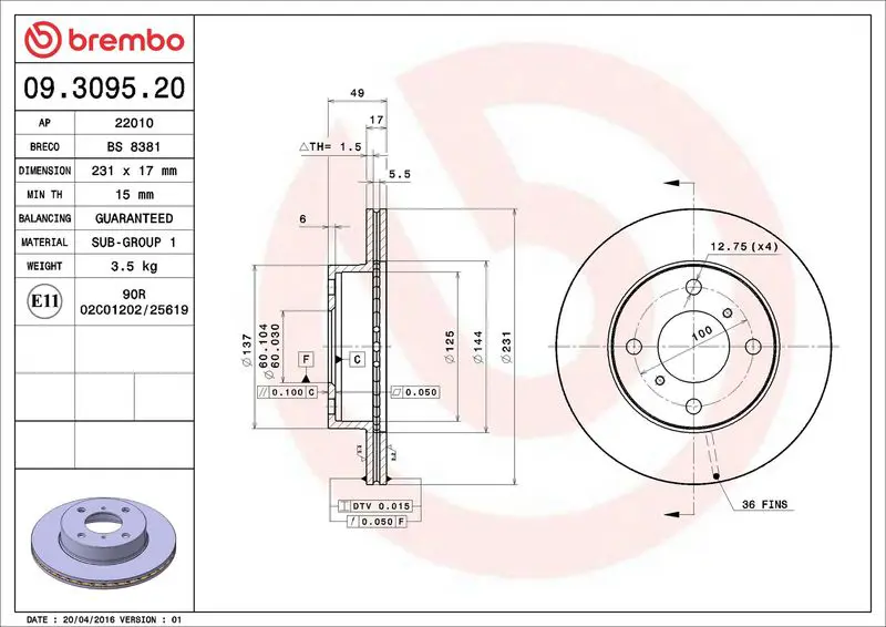 Brembo 09309520 Тормозной диск