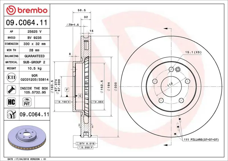 Brembo 09C06411 Диск тормозной MB V-CLASS
