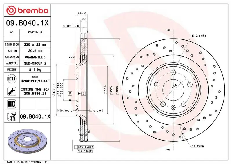 BREMBO 09B0401X ДИСК ТОРМОЗНОЙ AUDI A5
