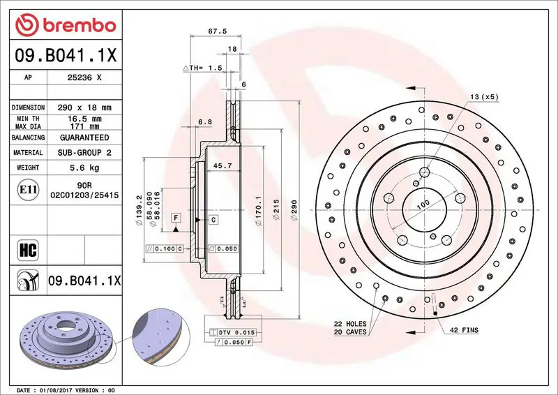 BREMBO 09B0411X Диск тормозной задний SUBARU