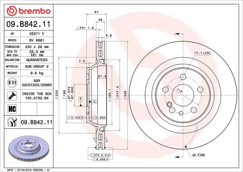 BREMBO 09B84211 Диск тормозной 330x26