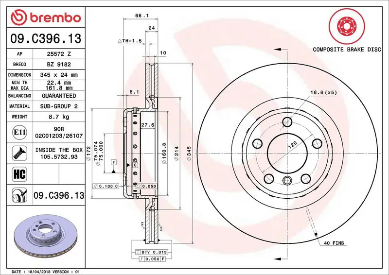 BREMBO 09C39613 Диск тормозной задний BMW 1