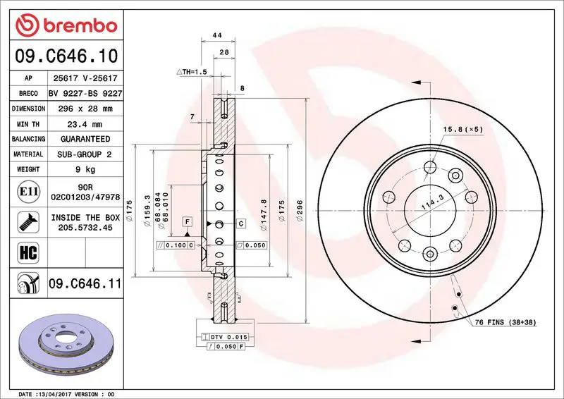 BREMBO 09C64611 Диск тормозной передний FIAT