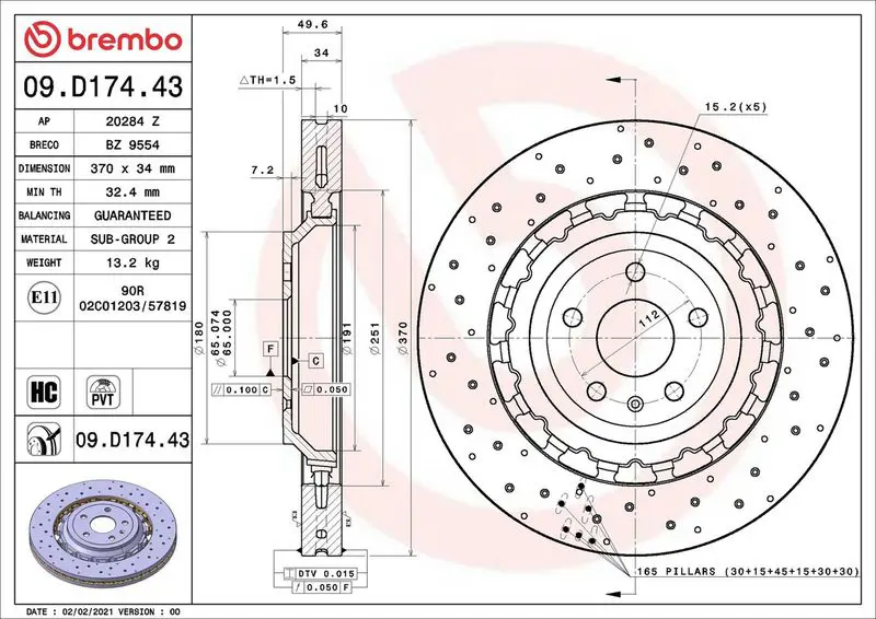 BREMBO 09D17443 Тормозной диск