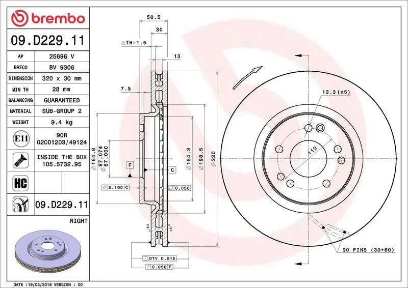 BREMBO 09D22911 Тормозной диск