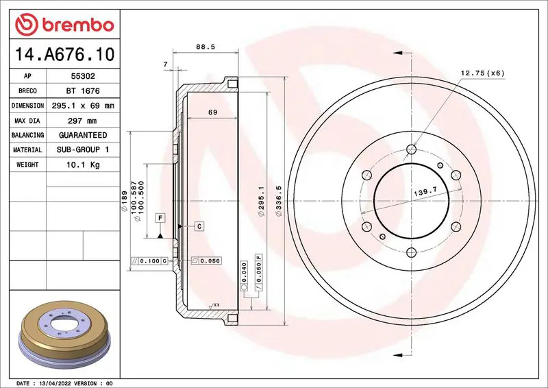 BREMBO 14A67610 Тормозный барабан