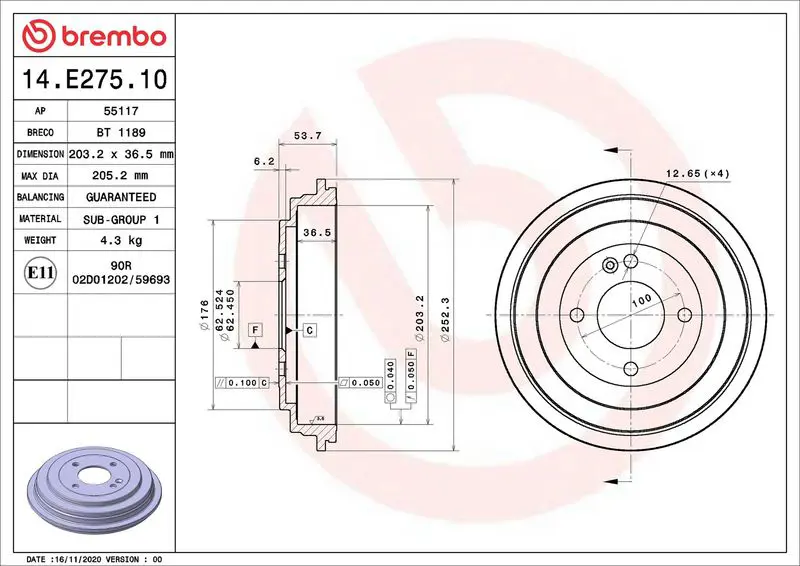 BREMBO 14E27510 Тормозной барабан