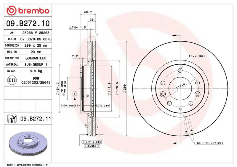 Brembo 09B27210 Диск тормозной передний