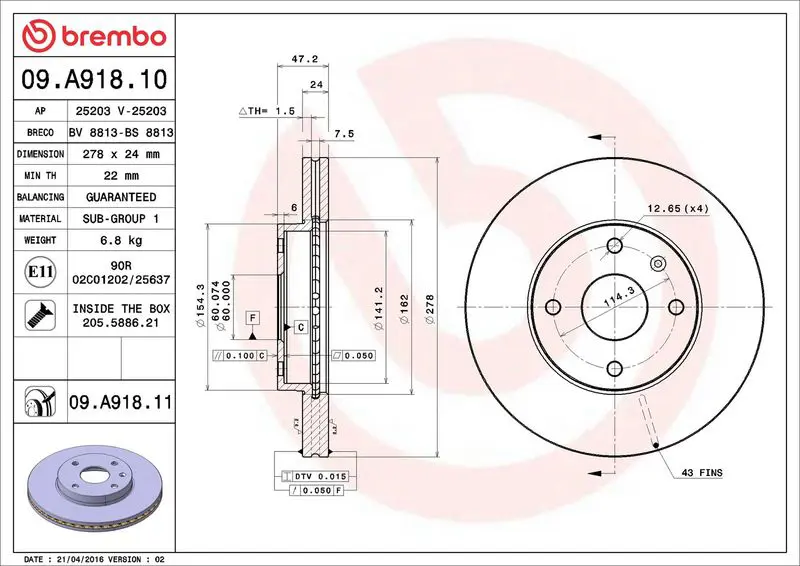 BREMBO 09A91811 Тормозной диск