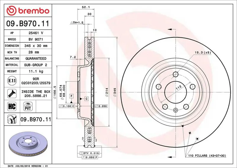 Brembo 09B97011 Диск тормозной 09.B970.11
