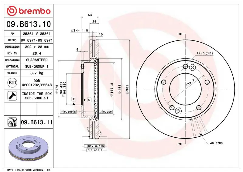 Brembo 09B61311 Диск тормозной