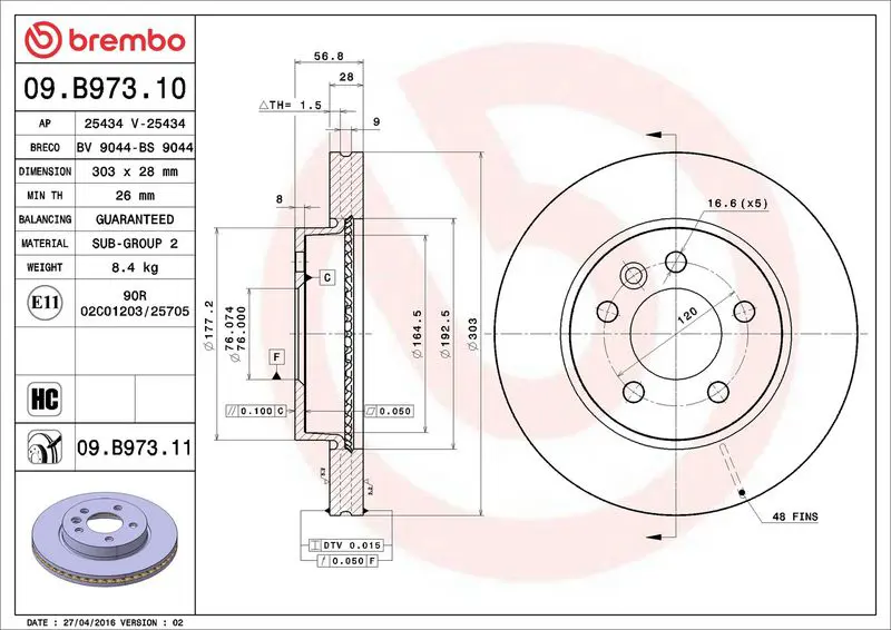 Brembo 09B97311 Диск тормозной передний