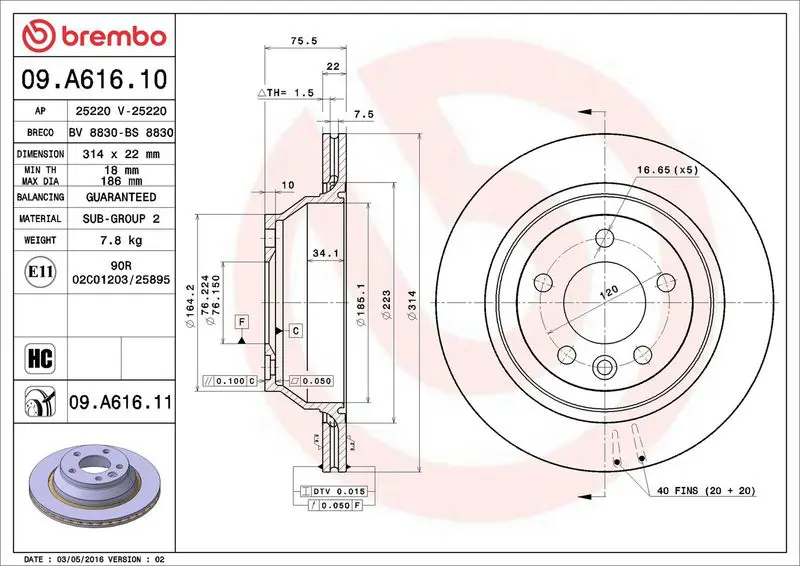 BREMBO 09A61611 Тормозной диск задний D314mm