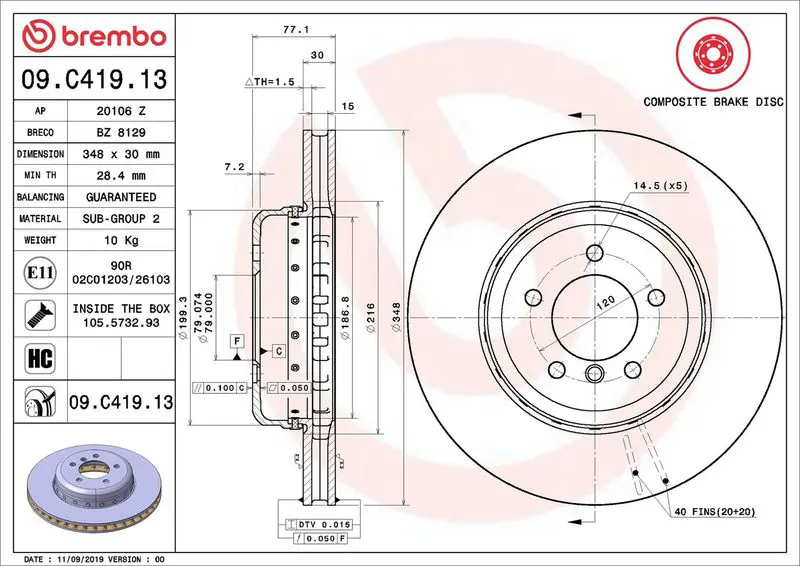 BREMBO 09C41913 Диск тормозной передний