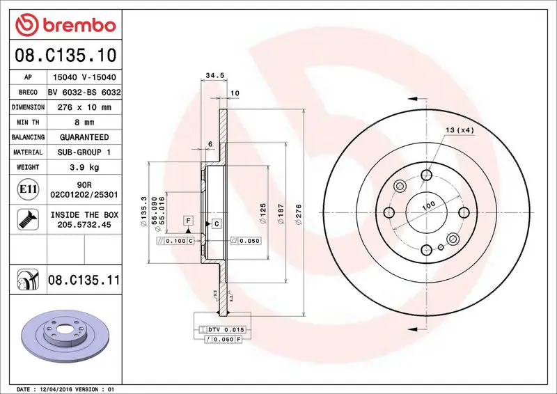 BREMBO 08C13511 Диск тормозной задний MAZDA