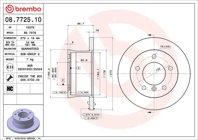 Brembo 08772510 Диск тормозной задн