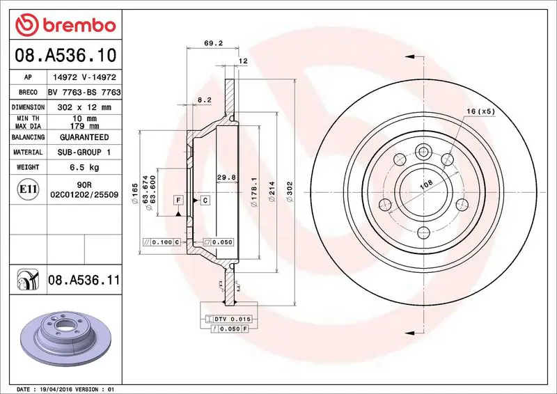 Brembo 08A53611 Диск тормозной задн VOLVO: S80