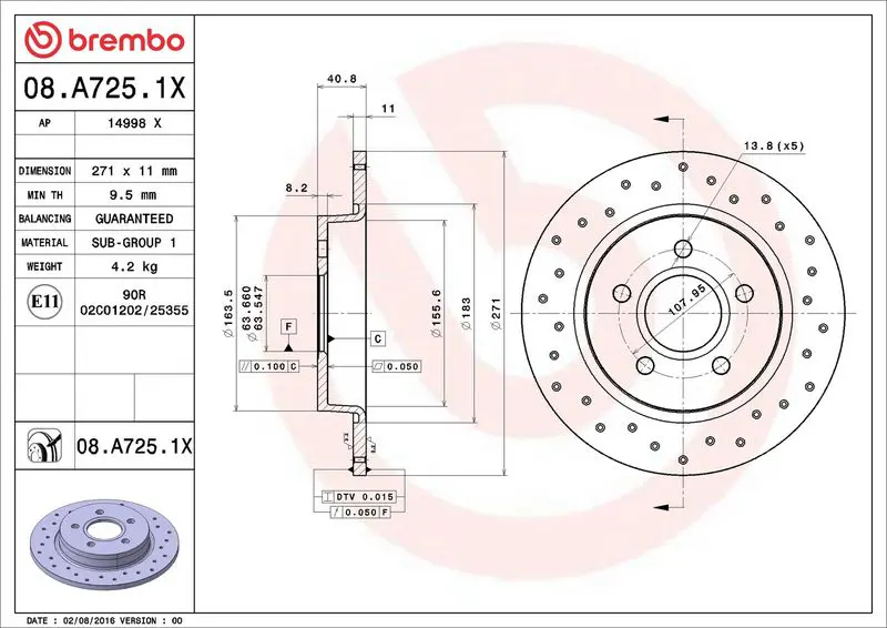 08.A725.1X Диск перфорированный Brembo