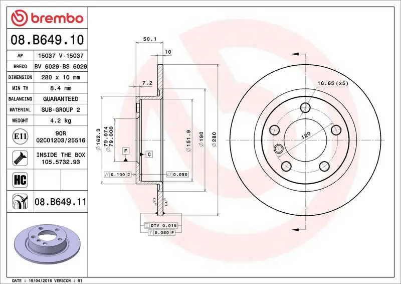 Brembo 08B64911 Диск тормозной Brembo Painted