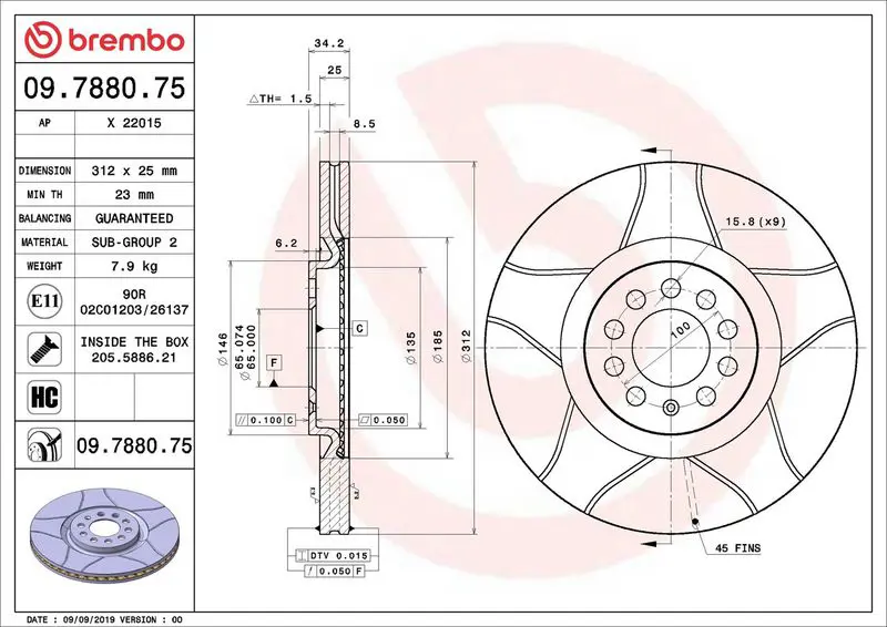 Brembo 09788075 ДИСК ТОРМОЗНОЙ SEAT IBIZA IV