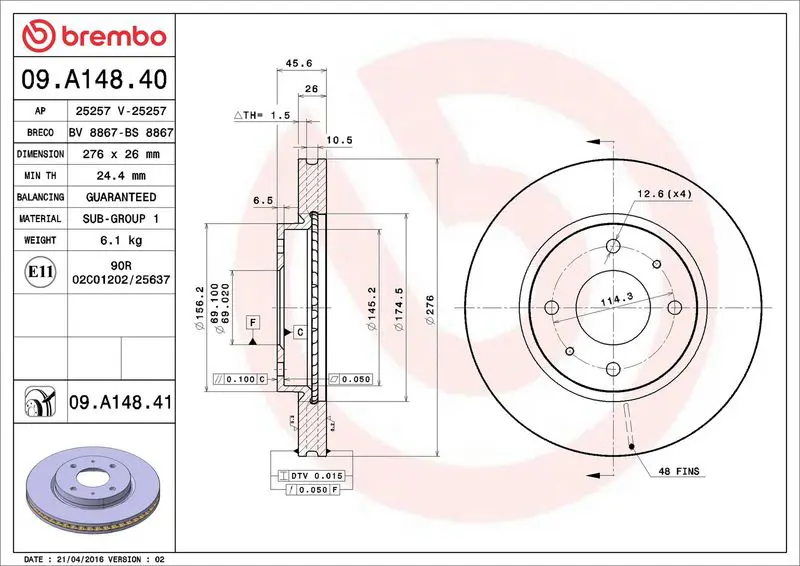 Brembo 09A14841 Диск тормозной Brembo Painted