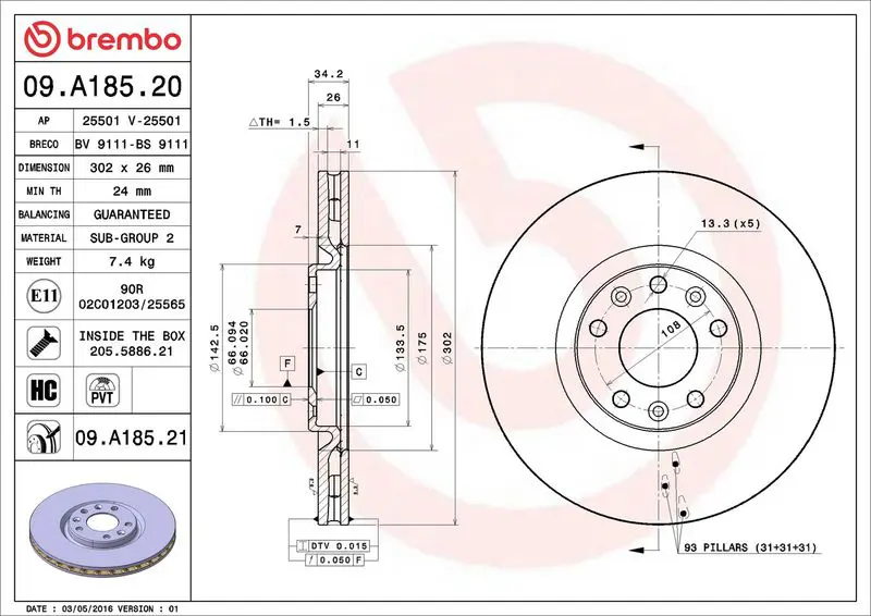 Brembo 09A18521 09.A185.21 диск тормозной