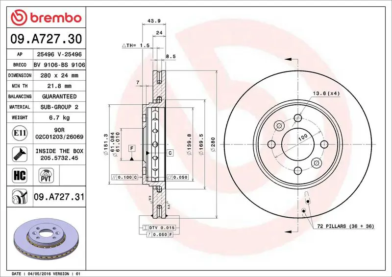 Brembo 09A72731 ДИСК ТОРМОЗНОЙ DACIA LODGY