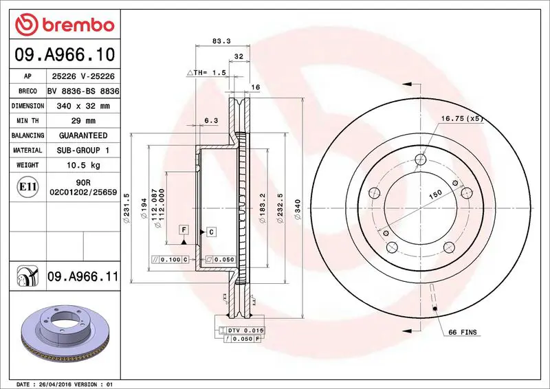 Brembo 09A96611 Диск тормозной 09.A966.11