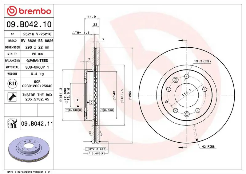 09.B042.11 Диск тормозной Brembo 